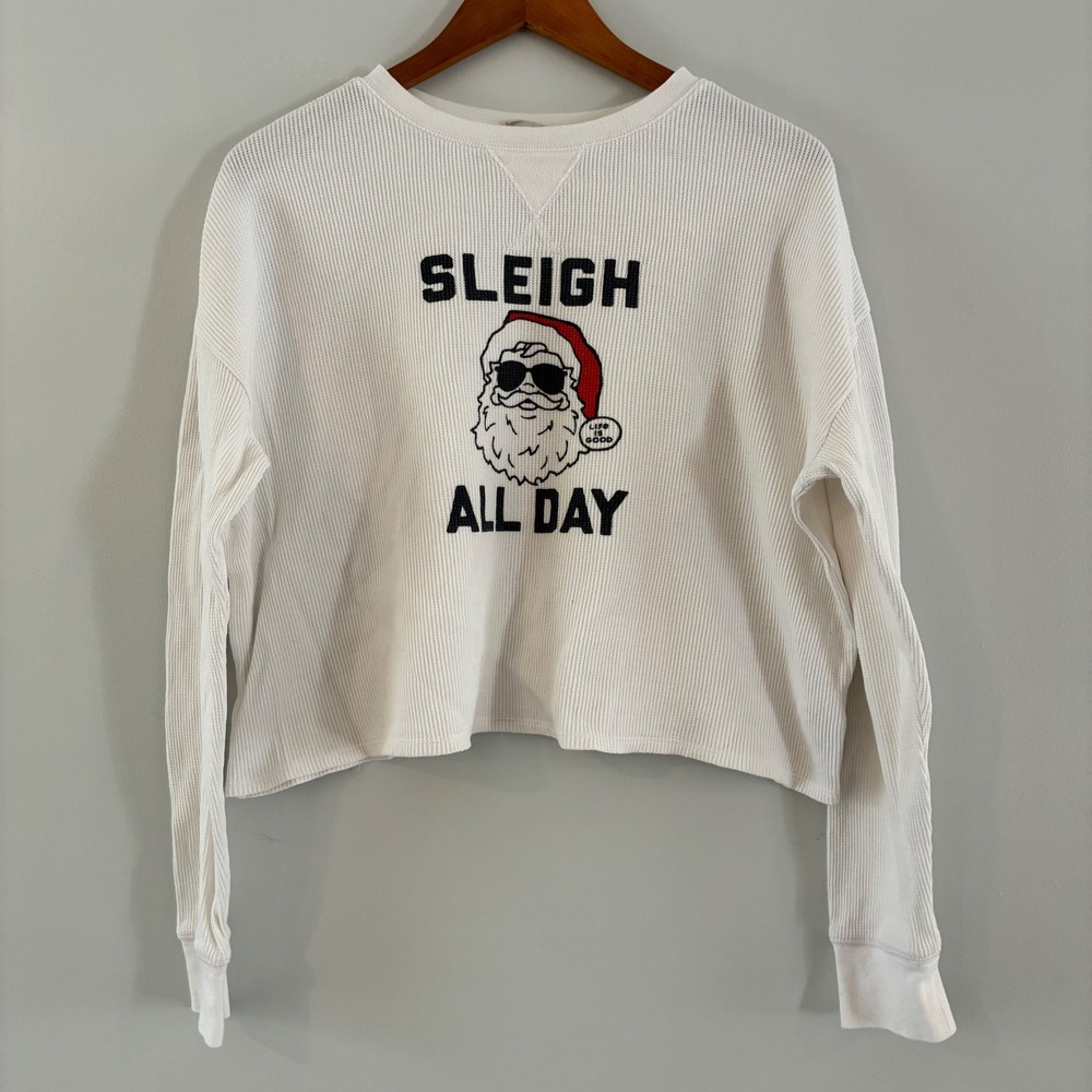Life is Good Sleep Top Womens M White Sleigh All Day Santa Thermal Waffle Knit